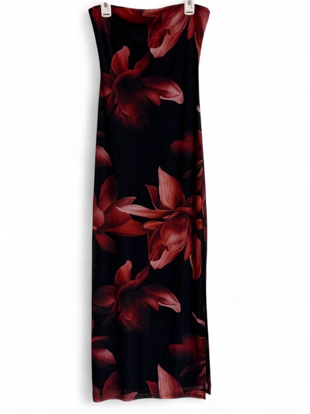 Women's Black Maxi Dress with Red Floral Print